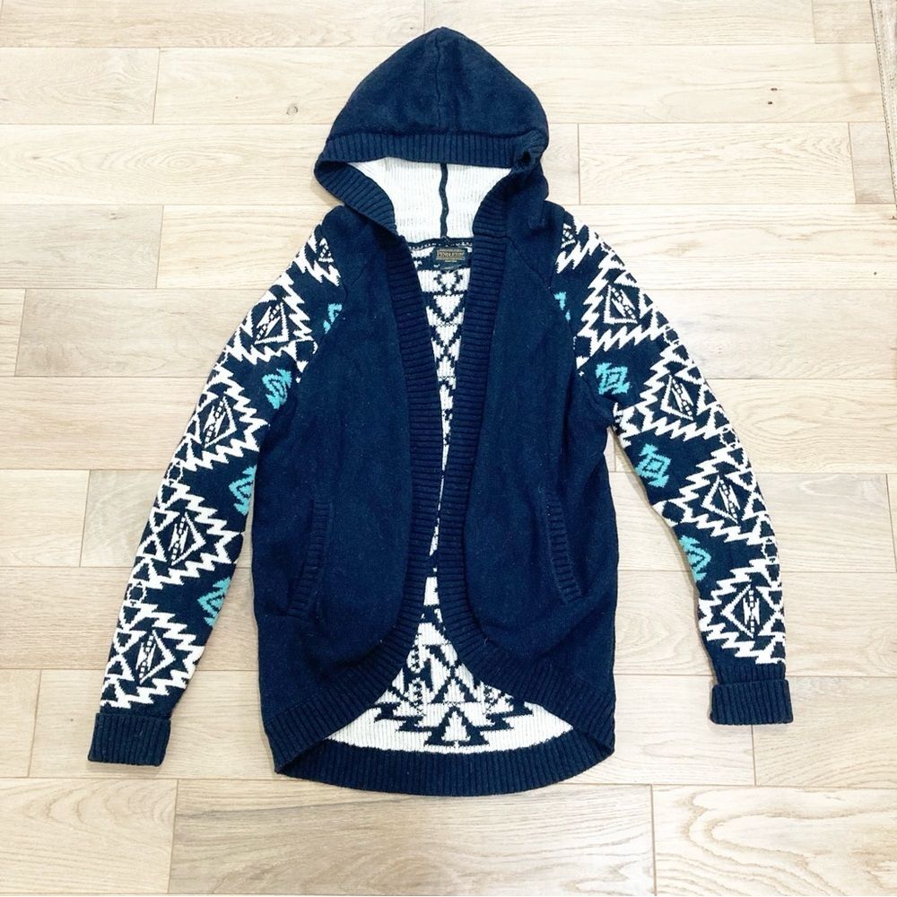 Pendleton Navy Hooded Cardigan with Cream & Teal Aztec Pattern